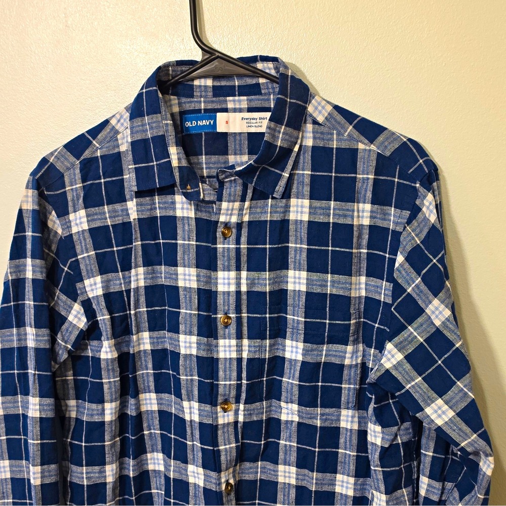 Old Navy Everyday Shirt Men's Linen/Cotton Plaid LS Button-Up S Blue/White #280